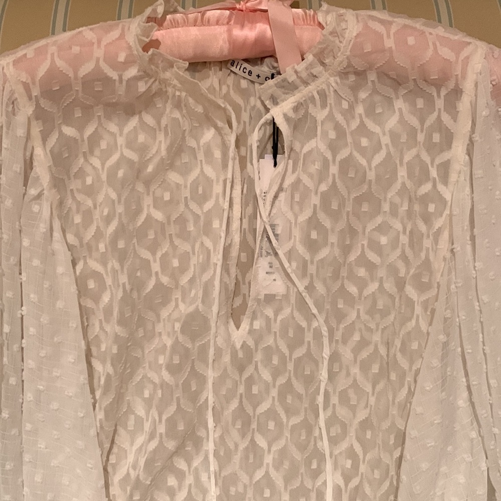 ALICE + OLIVIA JULIUS SILK BLEND BLOUSE PUFFED SLEEVES SWISS DOT DESIGN SIZE M - Picture 7 of 14